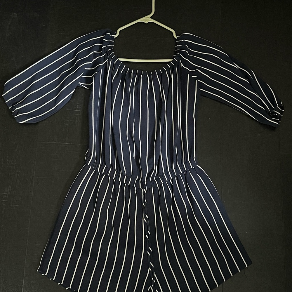 Blue and White Ruched Smocked Jumpsuit with Puff Sleeves